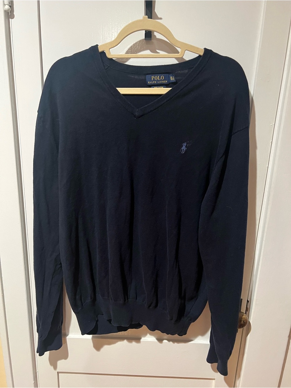 Ralph Lauren Navy V-Neck Sweater with Embroidered Pony